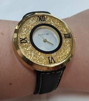 Steeltime Wrist Watch Black Faux Leather Loose Crystal Window Dial Roman Numeral